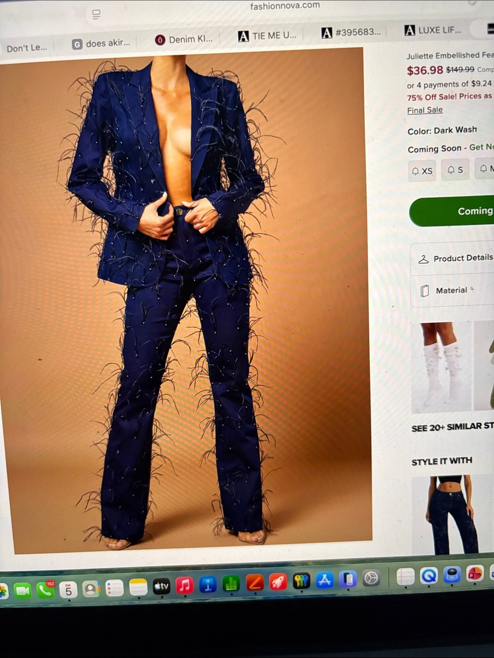 Fashion Nova Navy Feather & Bead Embellished Pantsuit